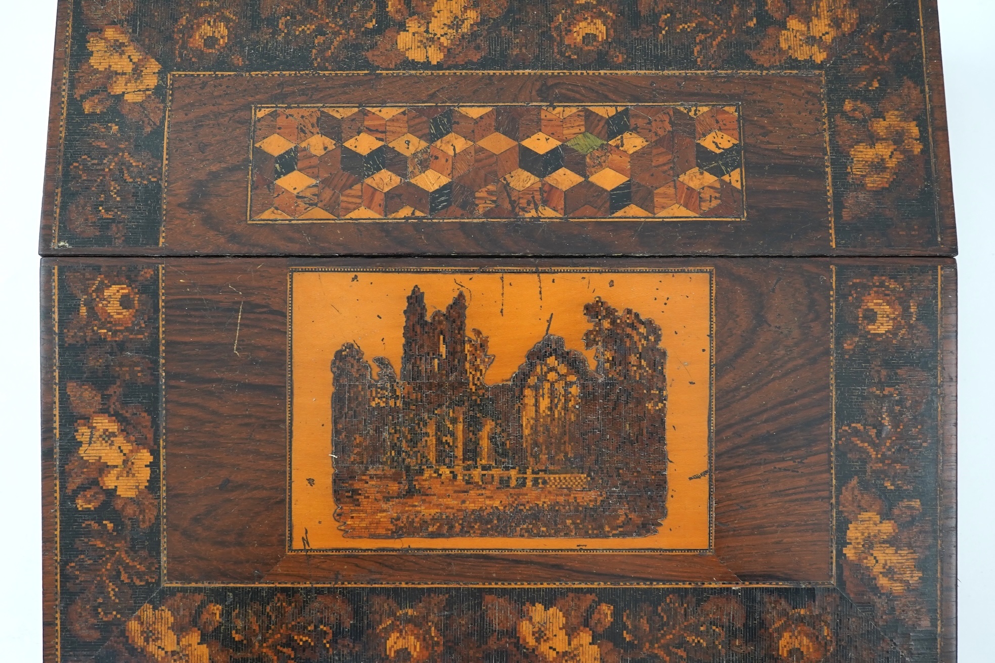 A Tunbridge ware rosewood writing slope, mid 19th century